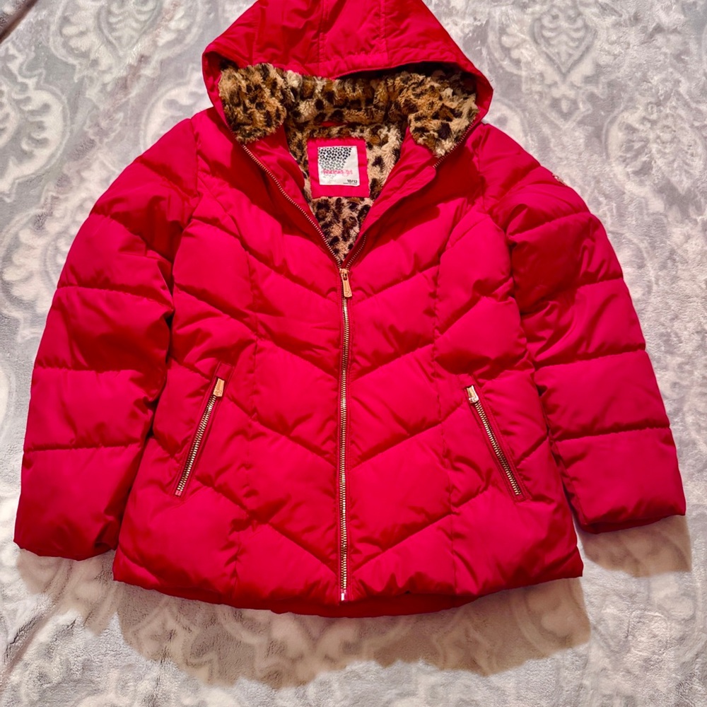 Kensie Girl Red Puffer Jacket with Leopard Lining